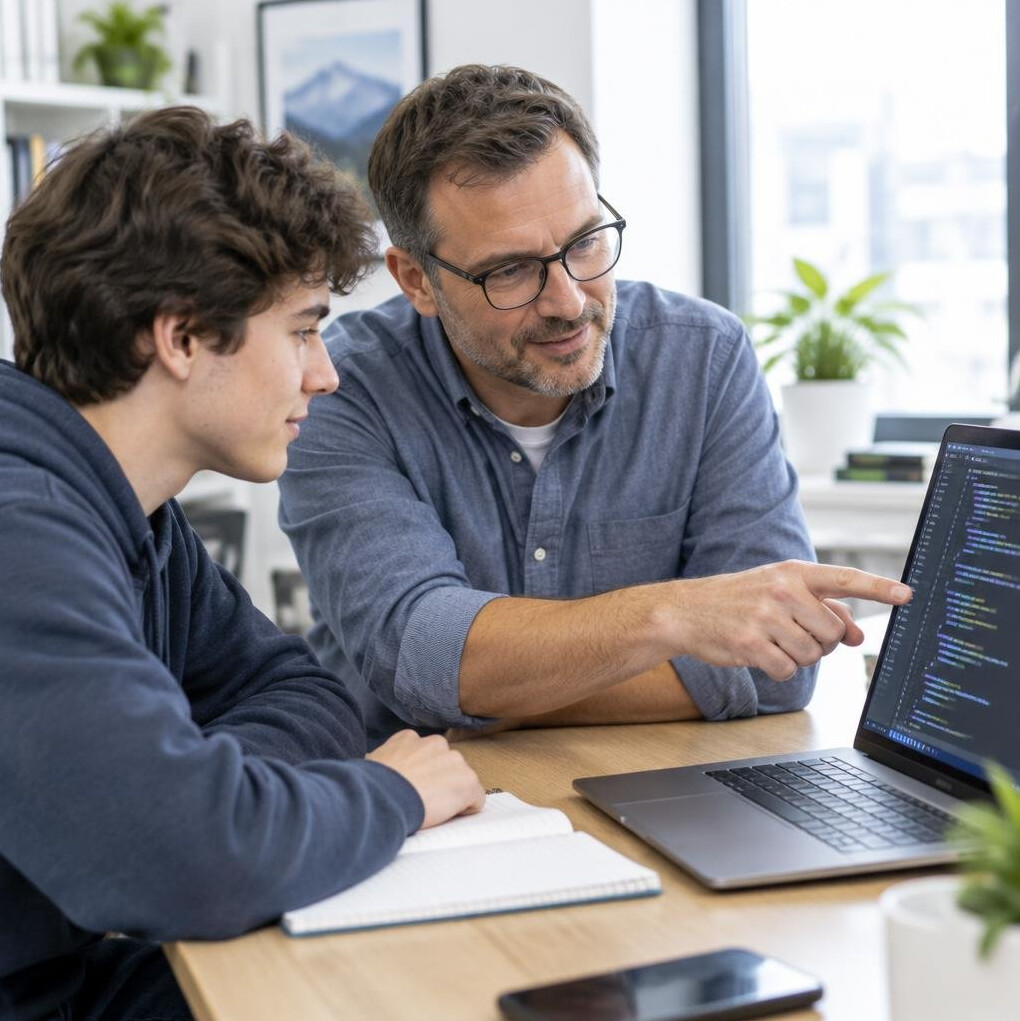Mentor helping a student review code on a laptop screen