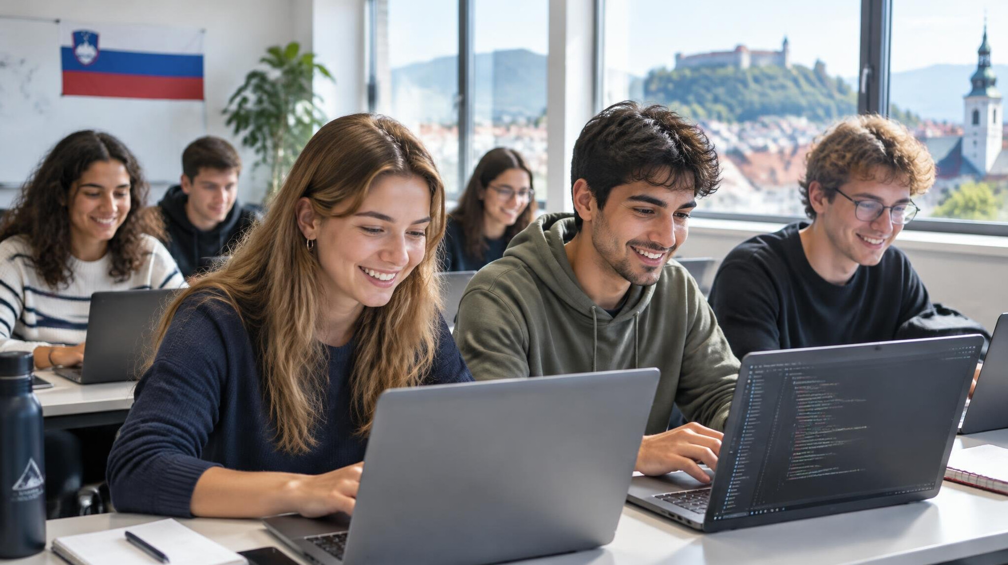 Young adults learning programming together on laptops in a bright classroom